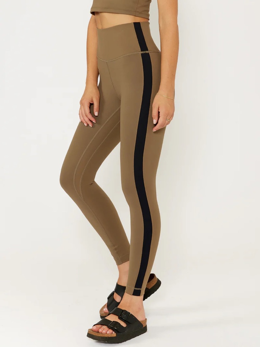 NWT CREAM YOGA Hana 7/8 Side Stripe Leggings Army Green Size XS